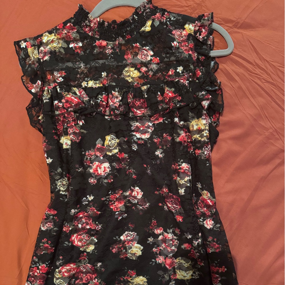 Almost Famous Black Floral Ruffled Mock Neck Blouse